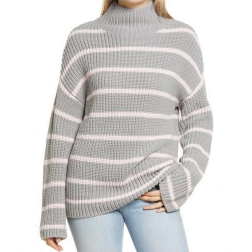 Caslon Shaker Mock Neck‎ Sweater In Grey- Pink Stripe